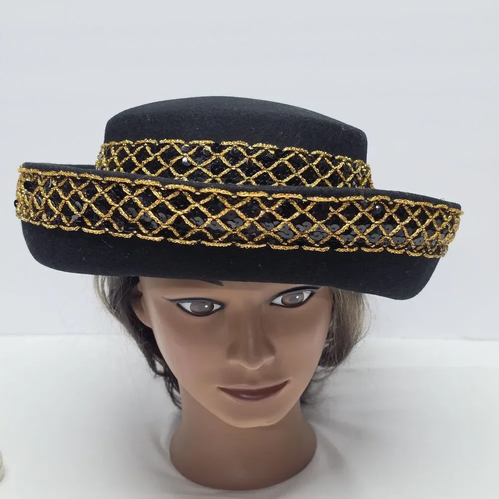 Vintage Doeskin Bollman Bolero Hat Black Wool Felt Sequins And Gold Accent USA